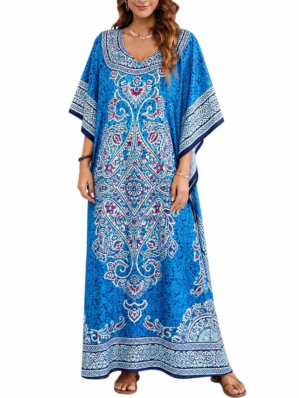 Gypsie Blu Plus Size Floral Print Kaftan Beach Cover-Up Maxi Dresses for Women